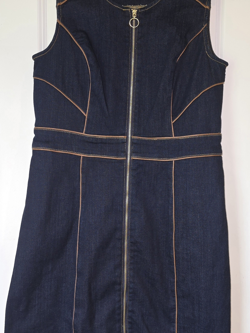 INC International Concepts Dark Blue Denim Midi Dress with Tan Topstitching